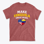 Make Venezuela Great Again With Flag Heart graphic t-shirt featuring patriotic design in red.