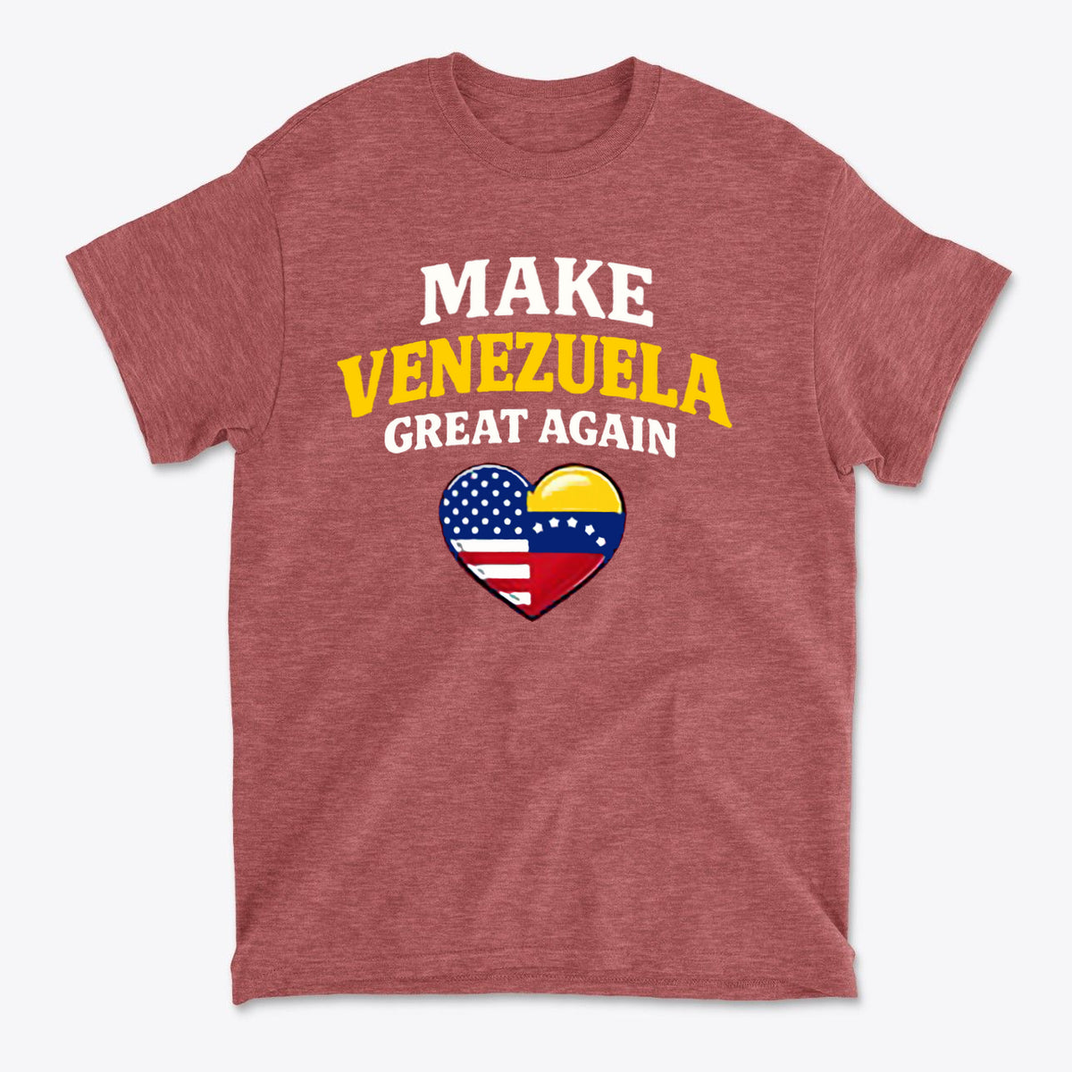 Make Venezuela Great Again With Flag Heart graphic t-shirt featuring patriotic design in red.