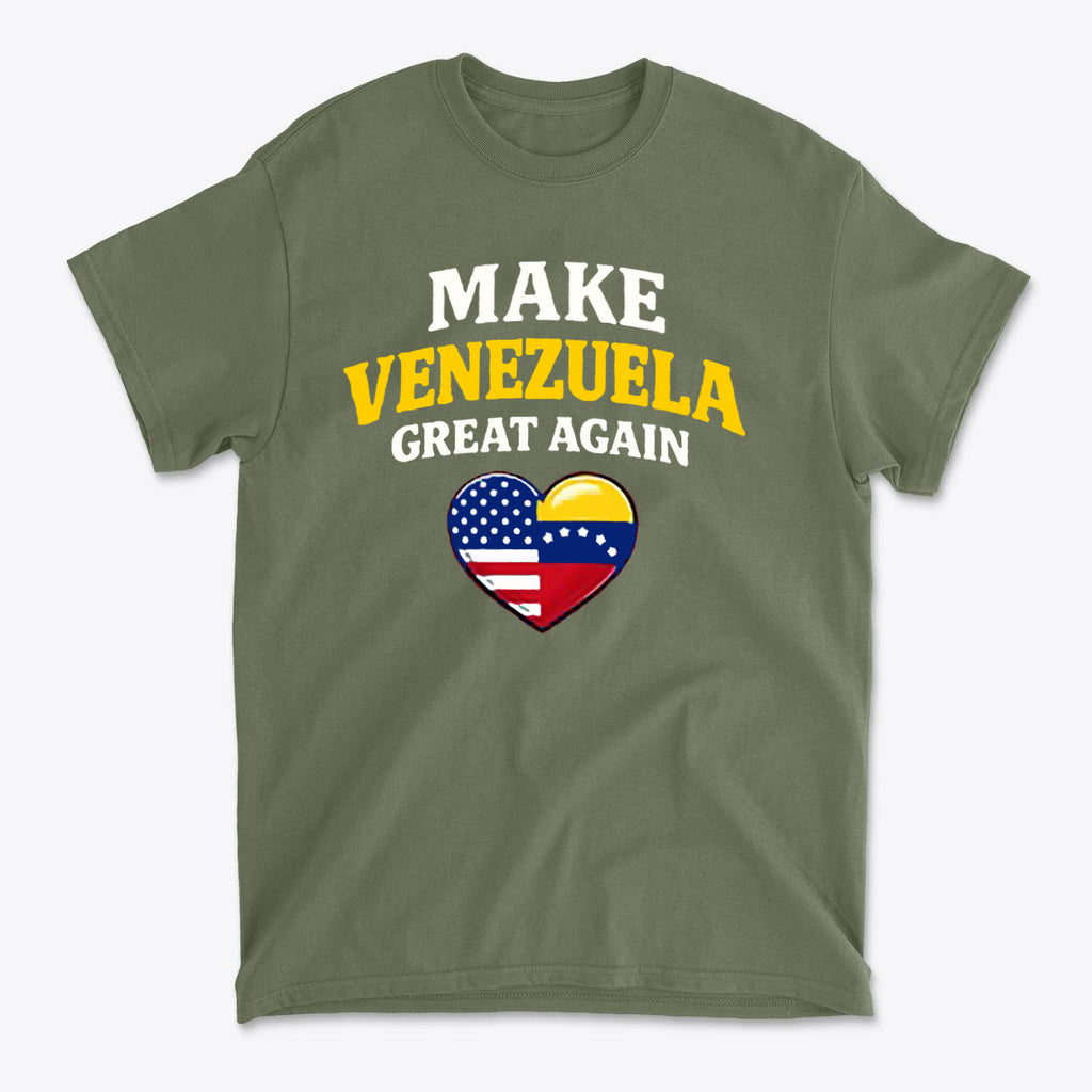 Make Venezuela Great Again With Flag Heart graphic on olive green t-shirt, showcasing patriotic themes.