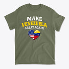 Make Venezuela Great Again With Flag Heart graphic on olive green t-shirt, showcasing patriotic themes.