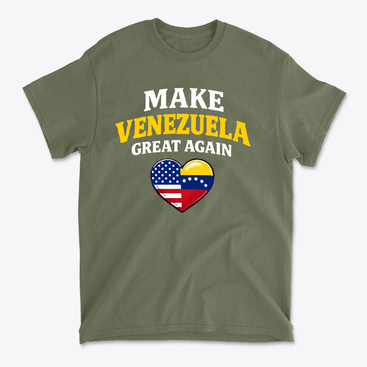 Make Venezuela Great Again With Flag Heart graphic on olive green t-shirt, showcasing patriotic themes.