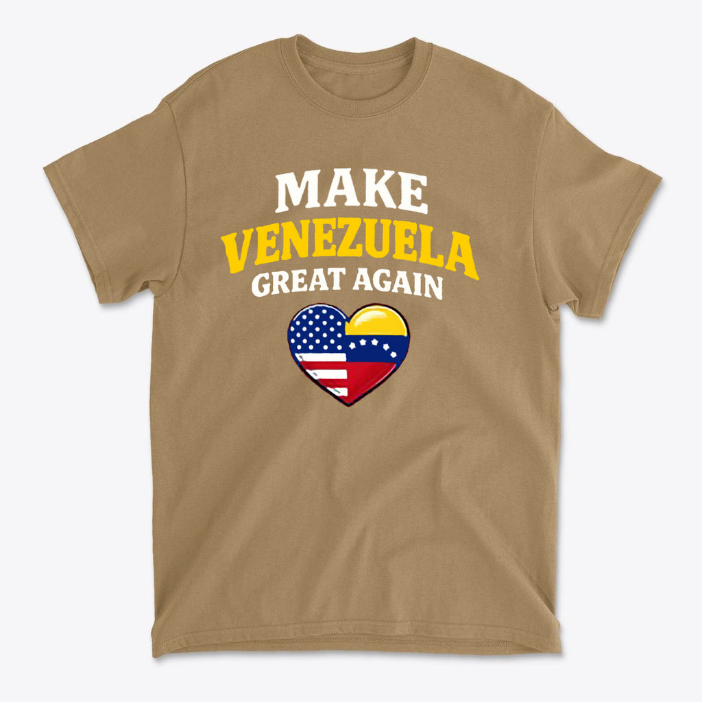 Make Venezuela Great Again With Flag Heart graphic t-shirt featuring patriotic colors and symbols.