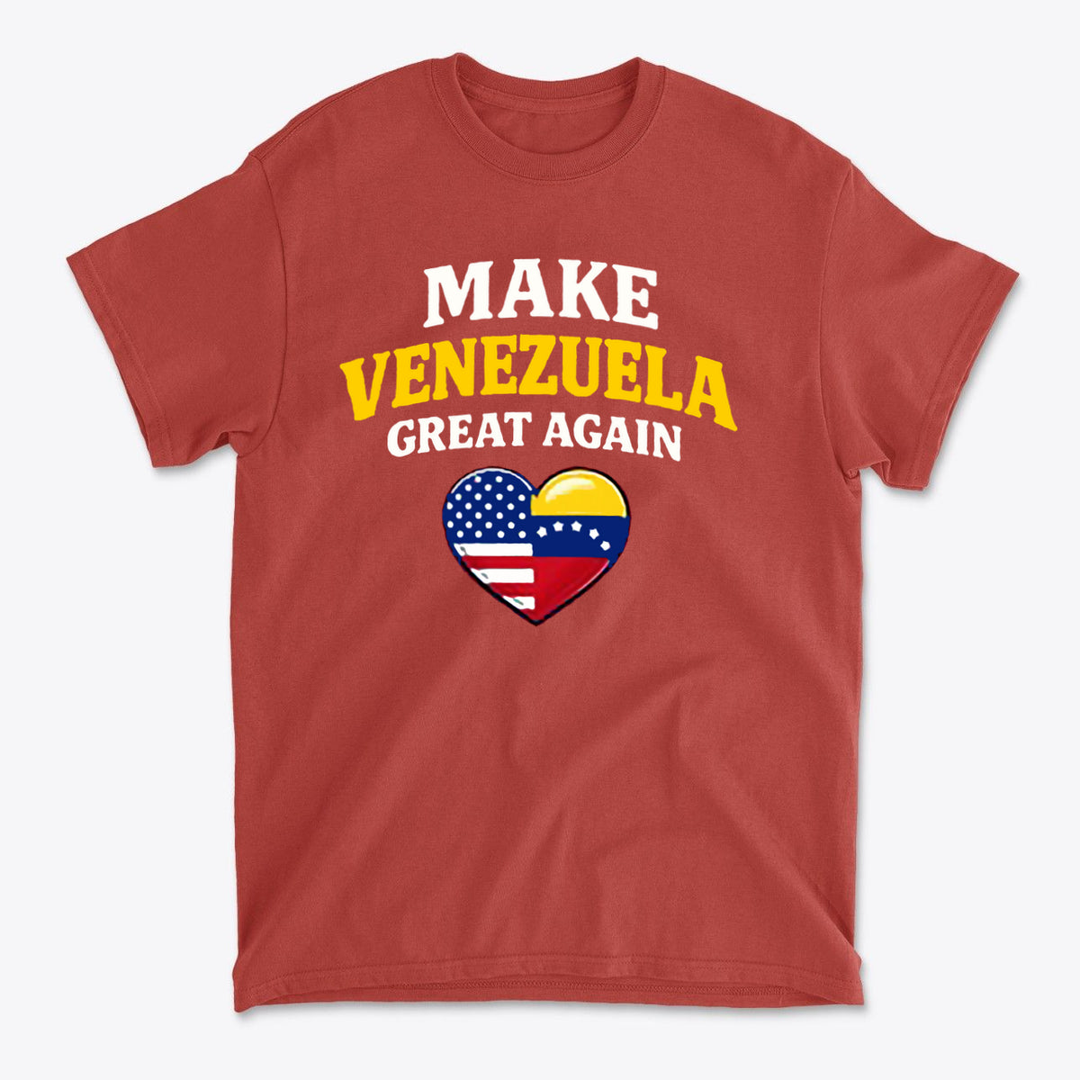 Make Venezuela Great Again With Flag Heart graphic tee in red featuring US and Venezuelan flag heart design.