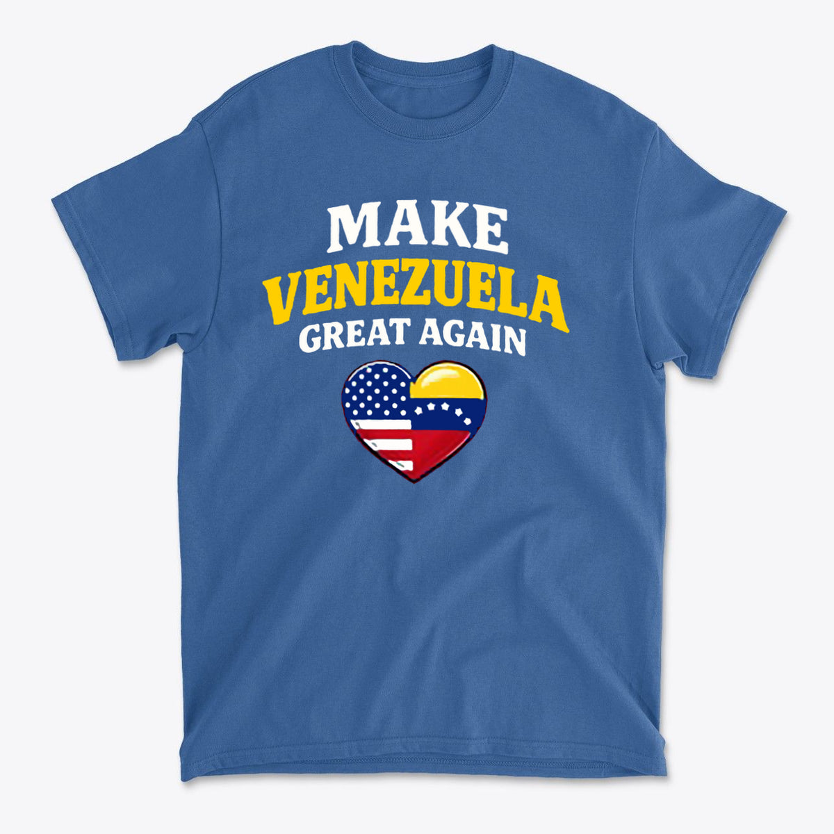 Make Venezuela Great Again With Flag Heart graphic t-shirt featuring patriotic symbols.