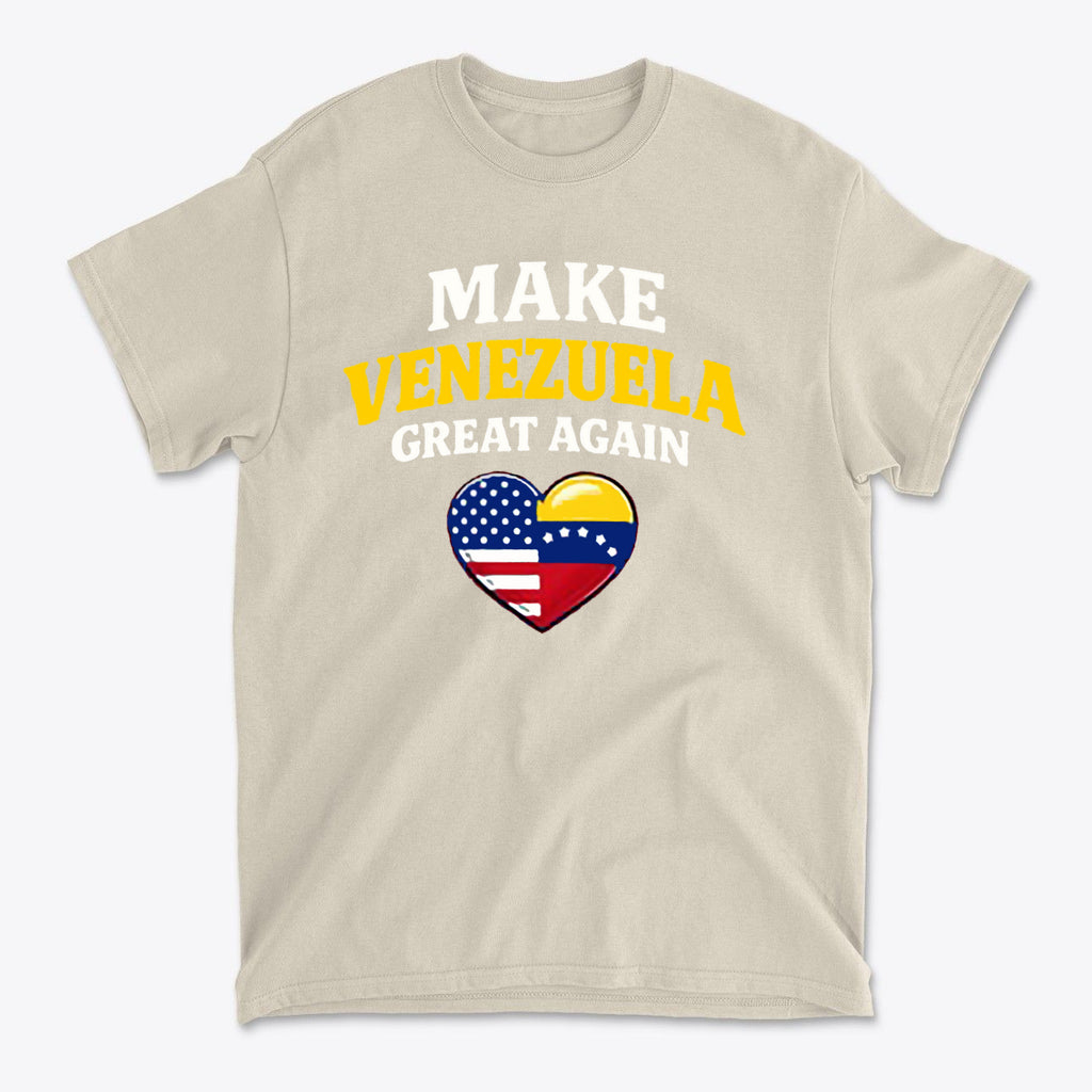 Make Venezuela Great Again With Flag Heart graphic t-shirt featuring patriotic colors and design.