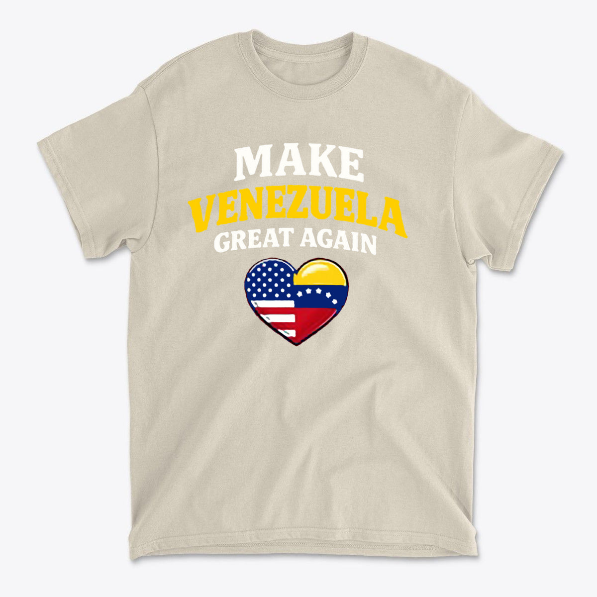 Make Venezuela Great Again With Flag Heart graphic t-shirt featuring patriotic colors and design.