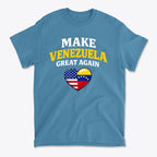 Make Venezuela Great Again With Flag Heart graphic t-shirt design featuring patriotic colors and symbols.