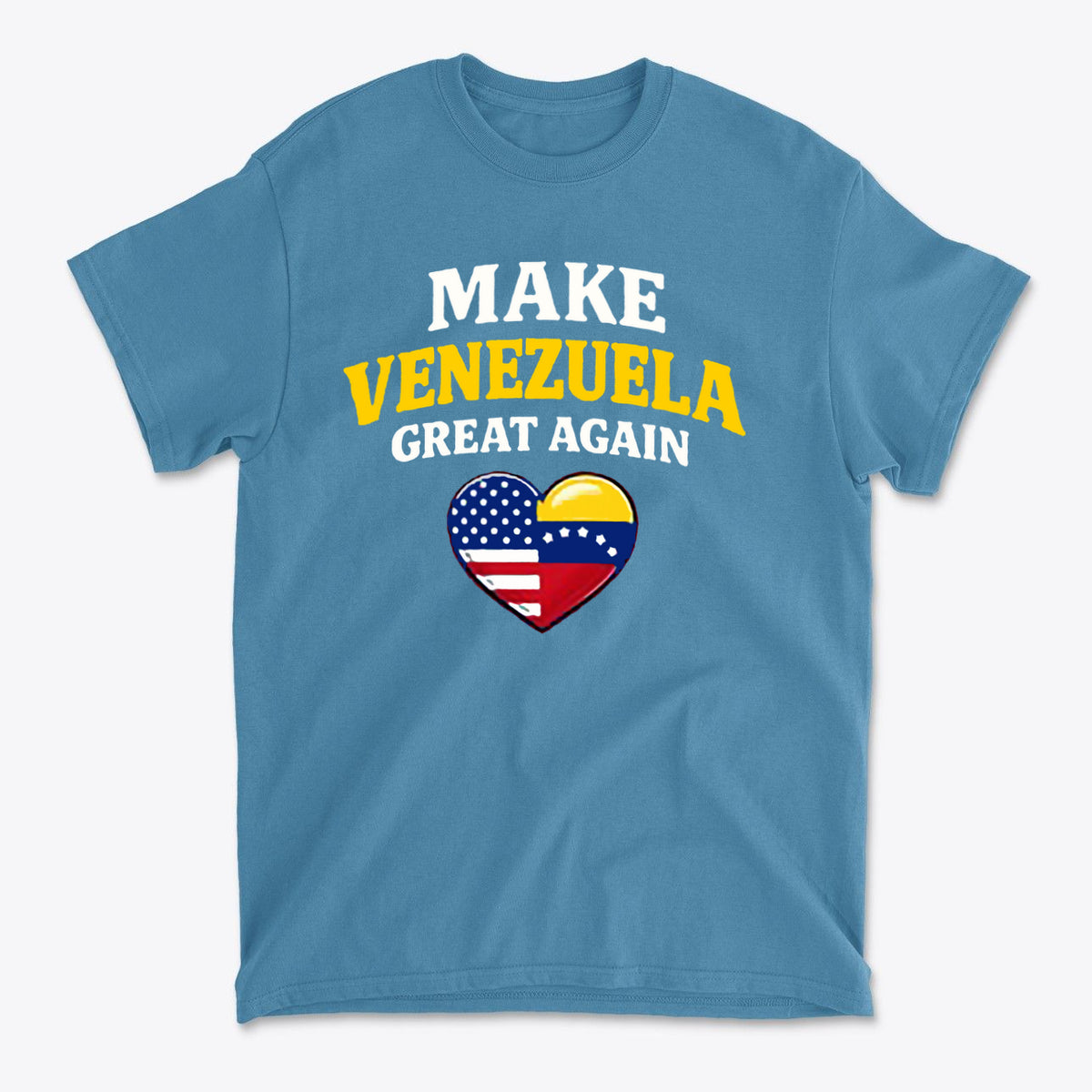 Make Venezuela Great Again With Flag Heart graphic t-shirt design featuring patriotic colors and symbols.