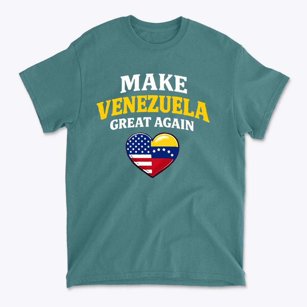 Make Venezuela Great Again With Flag Heart graphic t-shirt featuring patriotic design and colors.