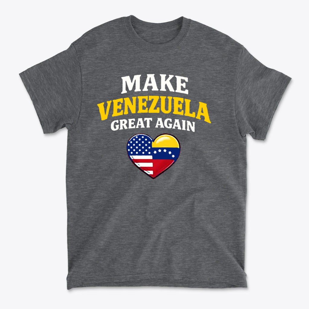 Make Venezuela Great Again With Flag Heart graphic t-shirt design featuring patriotic colors and symbols.