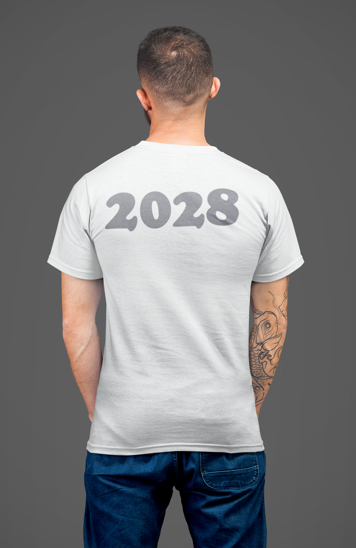 Man wearing the 2028 Back Print Apparel Concept graphic tee showing the back print design.