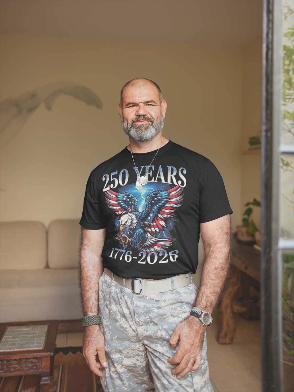 250 Years 1776 2026 Graphic Tee worn by a man with a beard, representing patriotism and national pride.