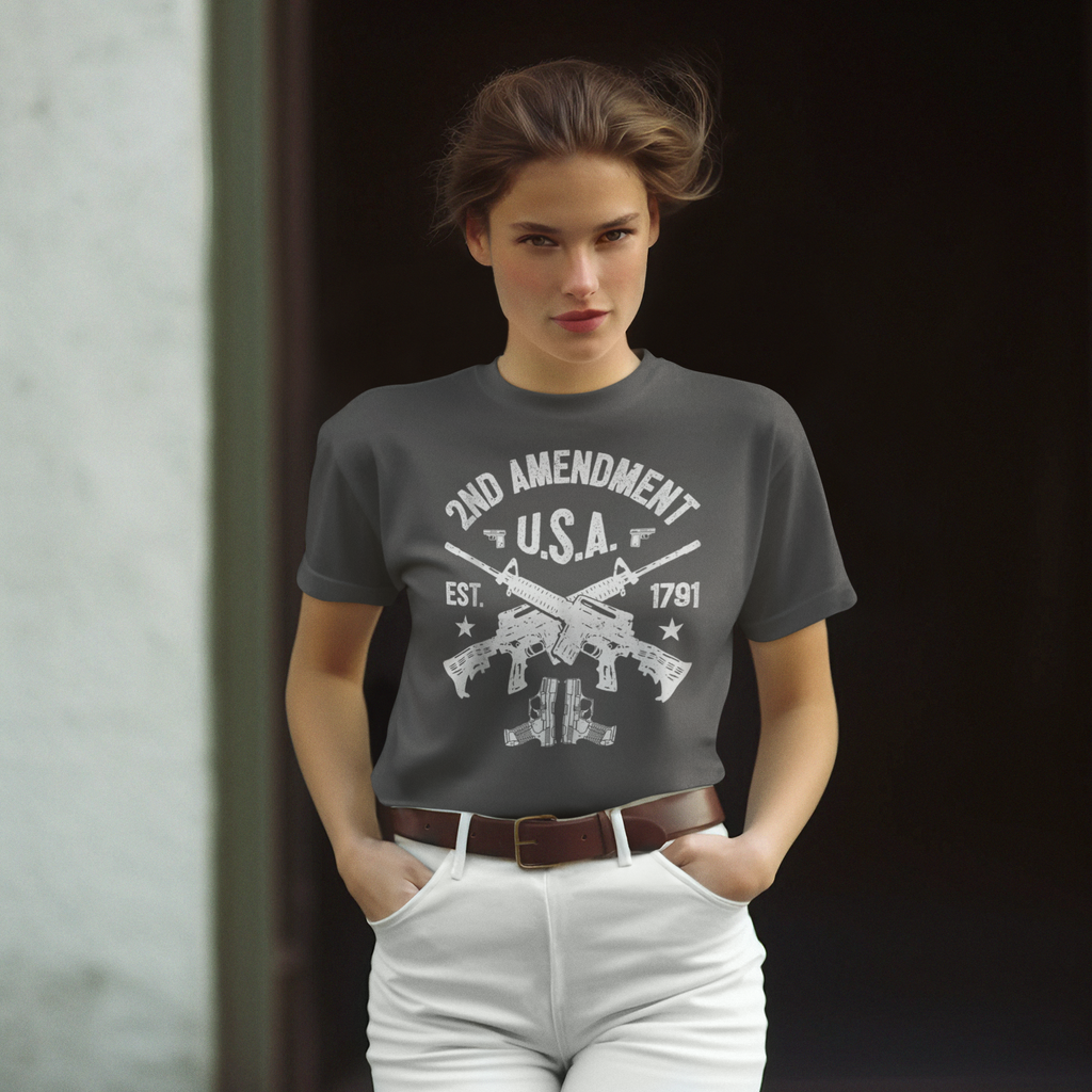 2nd Amendment U.S.A. Est. 1791 Premium Conservative Graphic T-Shirt displayed on a model.