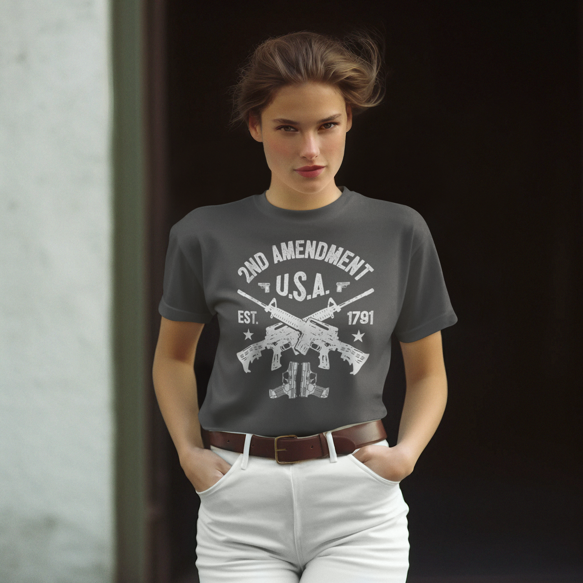2nd Amendment U.S.A. Est. 1791 Premium Conservative Graphic T-Shirt displayed on a model.