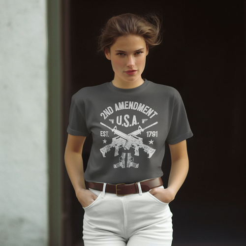 2nd Amendment U.S.A. Est. 1791 Premium Conservative Graphic T-Shirt displayed on a model.