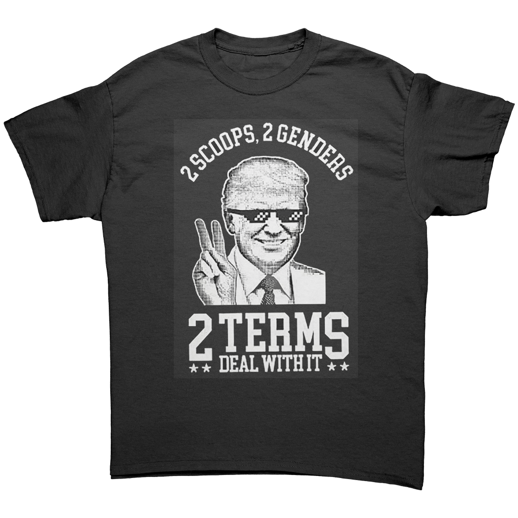 2 Scoops 2 Genders Two Terms Deal With It graphic tee featuring a bold design with a humorous message.