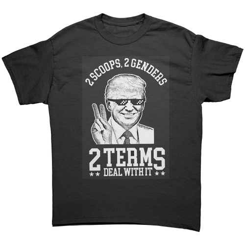 2 Scoops 2 Genders Two Terms Deal With It graphic tee featuring a bold design with a humorous message.