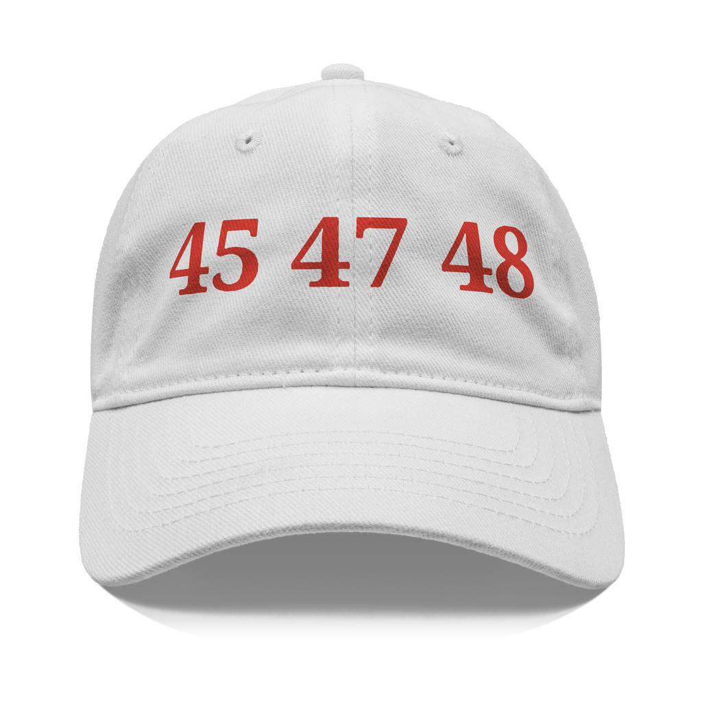 45 47 48 Trump Cap Red Word Art featuring red lettering on a white baseball cap.