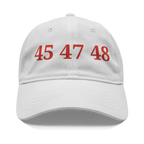 45 47 48 Trump Cap Red Word Art featuring red lettering on a white baseball cap.