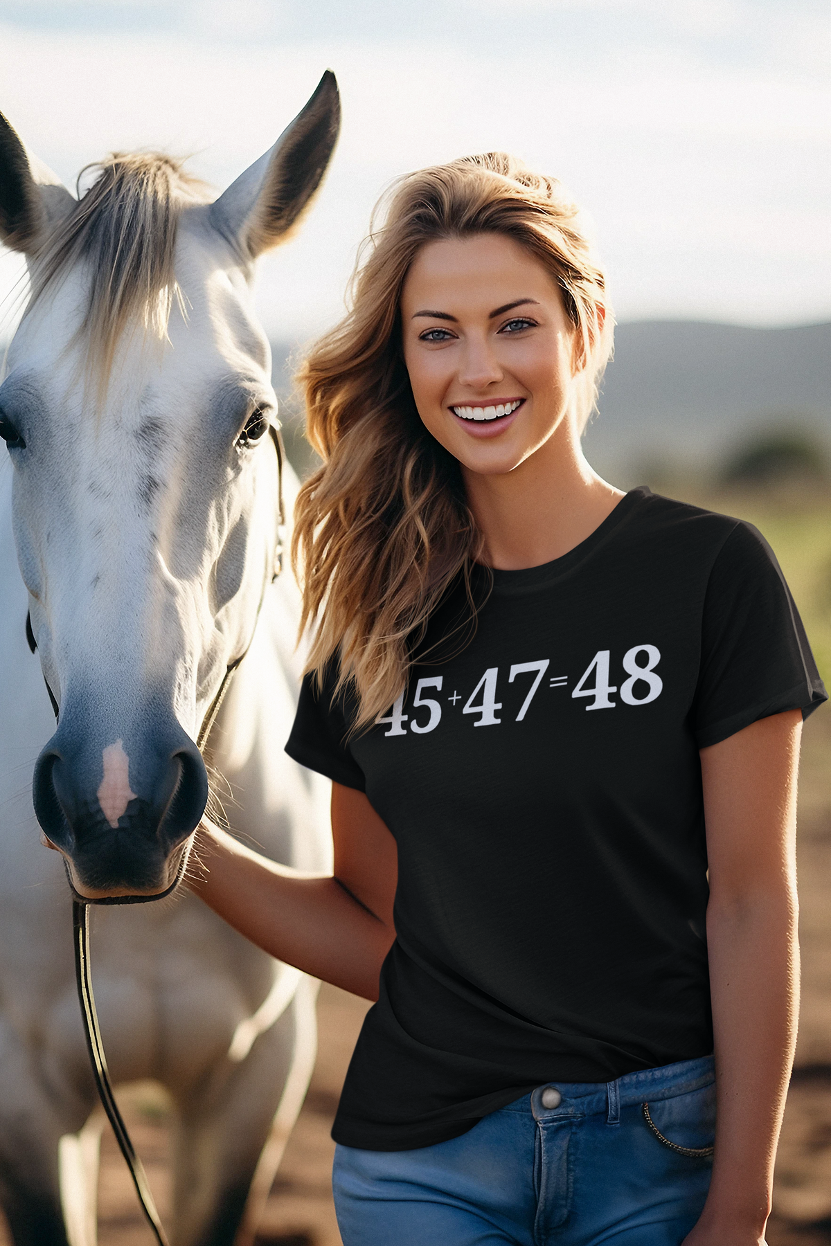 Woman smiling next to horse wearing 45 47 Equals 48 Red Letter Style graphic tee outdoors.