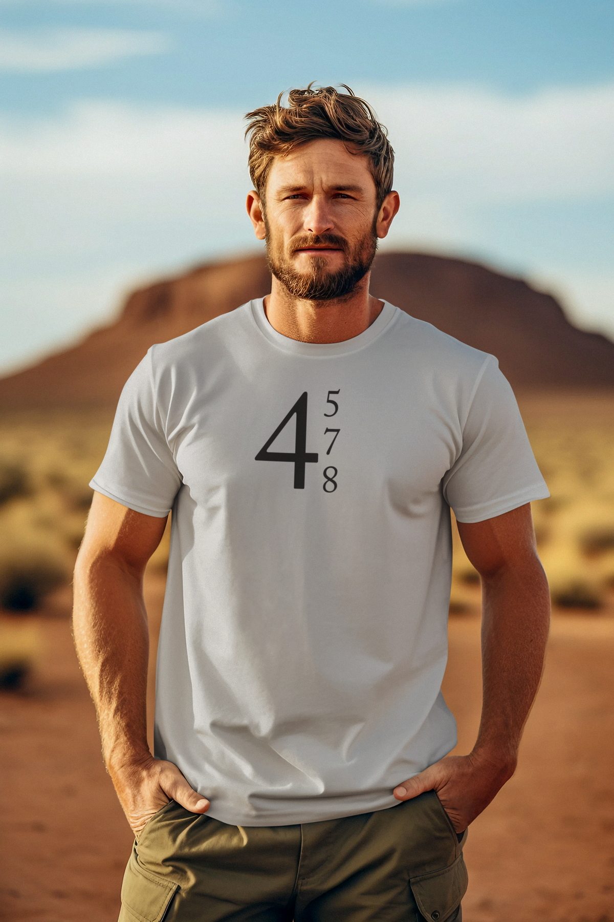 Man wearing a light gray tee featuring the design '45 47 48 Red Letters Design Gear' in a desert landscape.