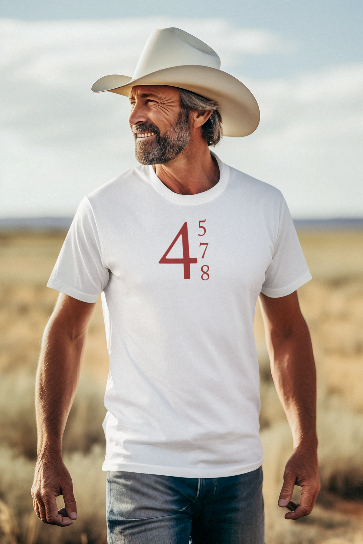 45 47 48 Red Letters Custom Print graphic tee worn by a man in a cowboy hat against a scenic landscape.