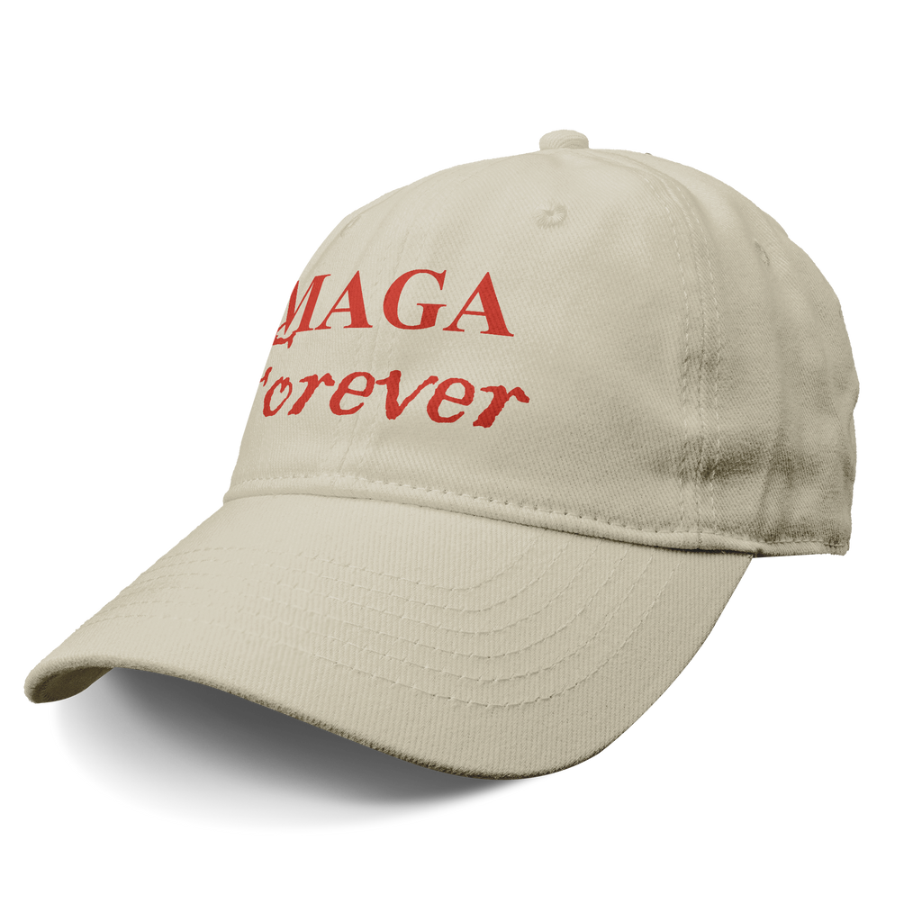 MAGA Forever Red Letters Graphic hat in beige with red lettering, perfect for expressing personal values.