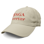 MAGA Forever Red Letters Graphic hat in beige with red lettering, perfect for expressing personal values.