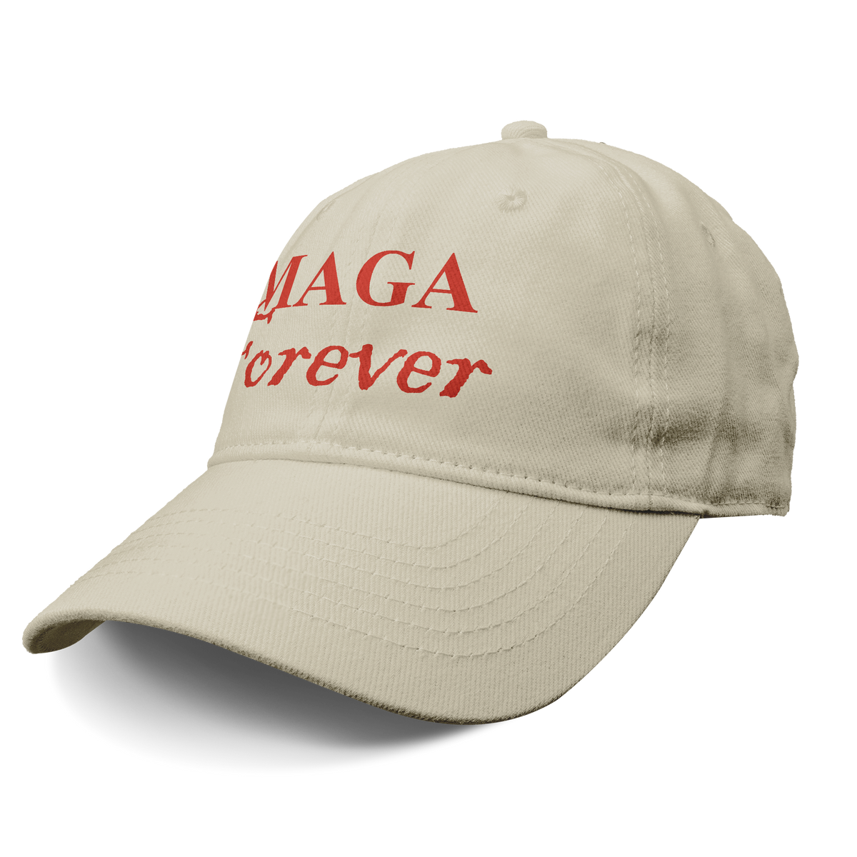 MAGA Forever Red Letters Graphic hat in beige with red lettering, perfect for expressing personal values.