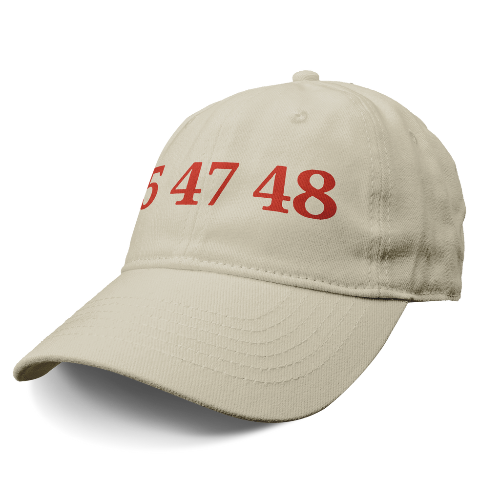 45 47 48 Trump Cap Red Word Art showcasing a beige cap with bold red numbers 547 48.