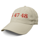 45 47 48 Trump Cap Red Word Art showcasing a beige cap with bold red numbers 547 48.