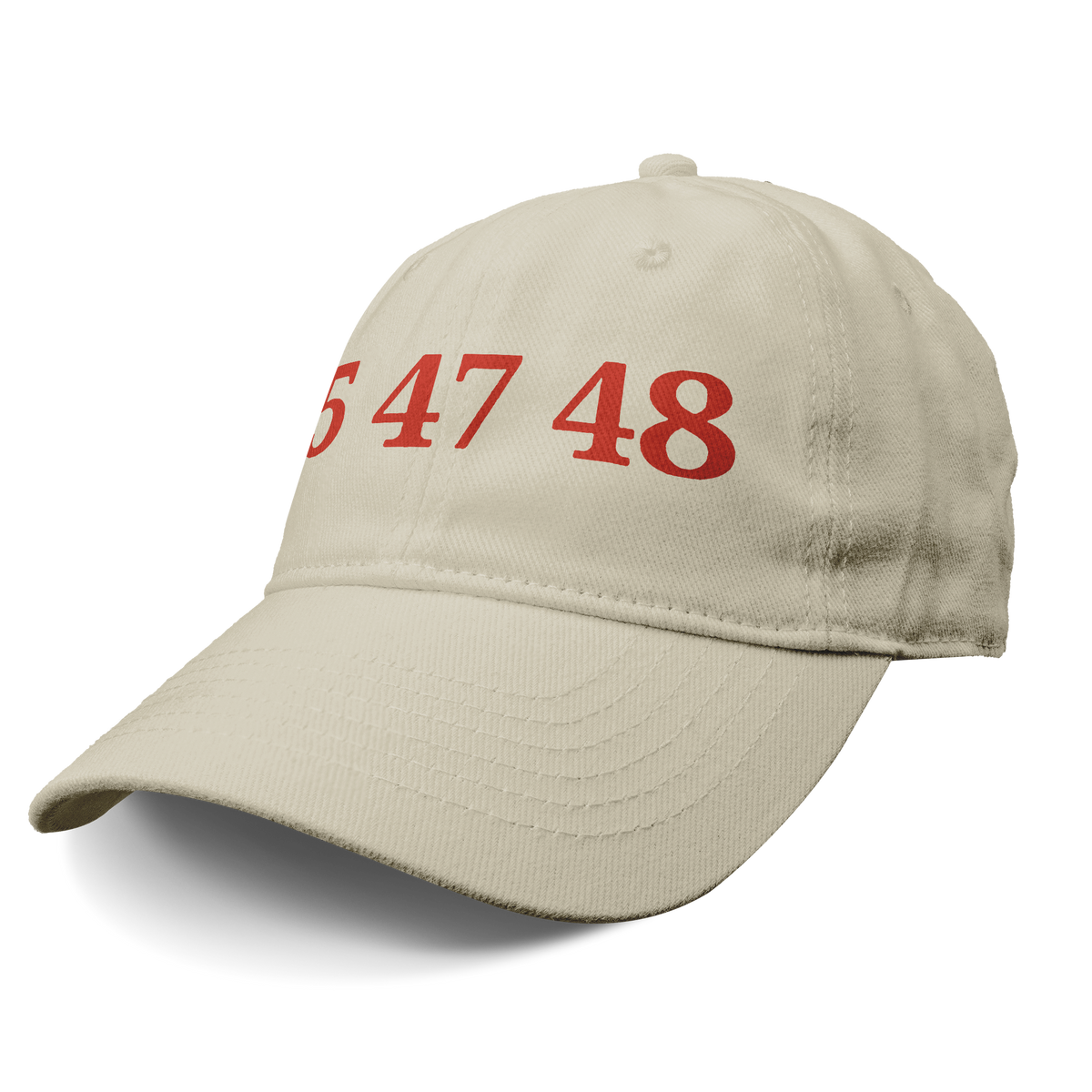 45 47 48 Trump Cap Red Word Art showcasing a beige cap with bold red numbers 547 48.