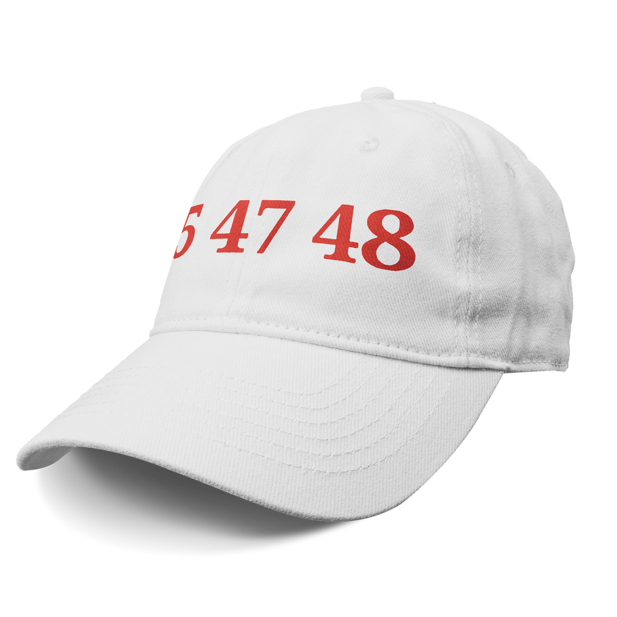 45 47 48 Trump Cap Red Word Art featuring bold red numbers on a white cap for patriotic expression.