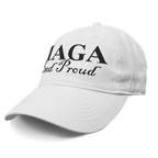 MAGA And Proud Black Script Tee on a white cap displaying bold text.