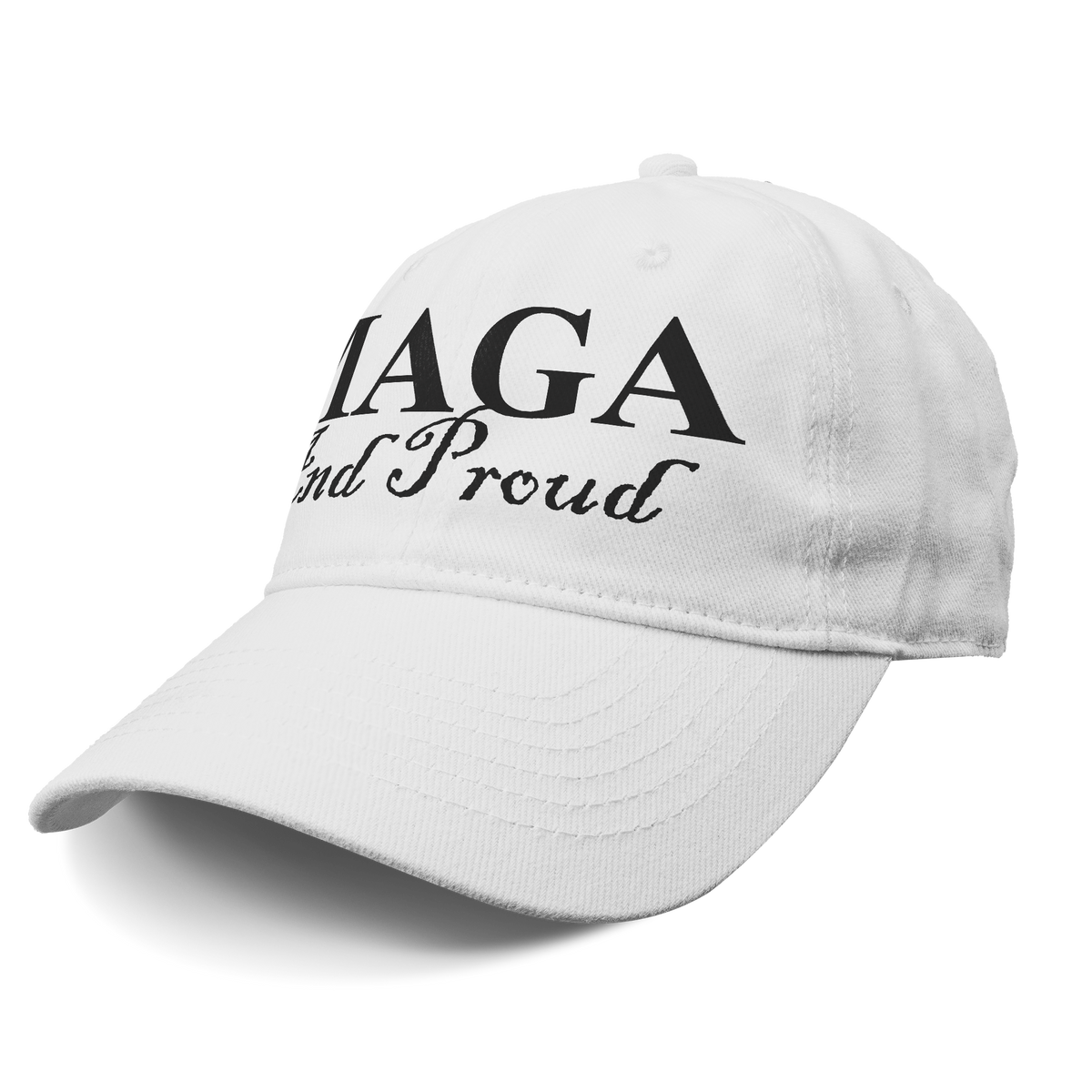 MAGA And Proud Black Script Tee on a white cap displaying bold text.
