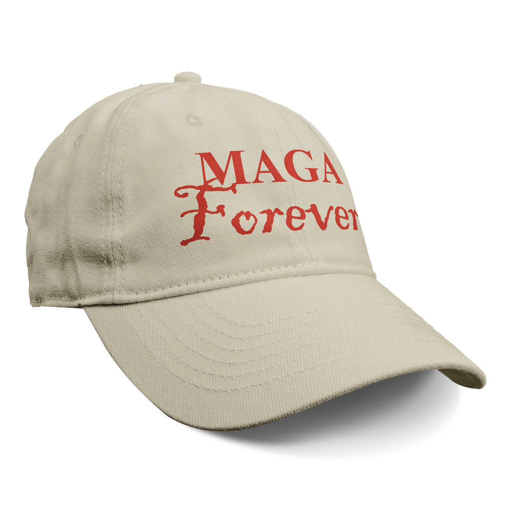 MAGA Forever Red Letters Graphic cap in beige showcasing patriotic message.