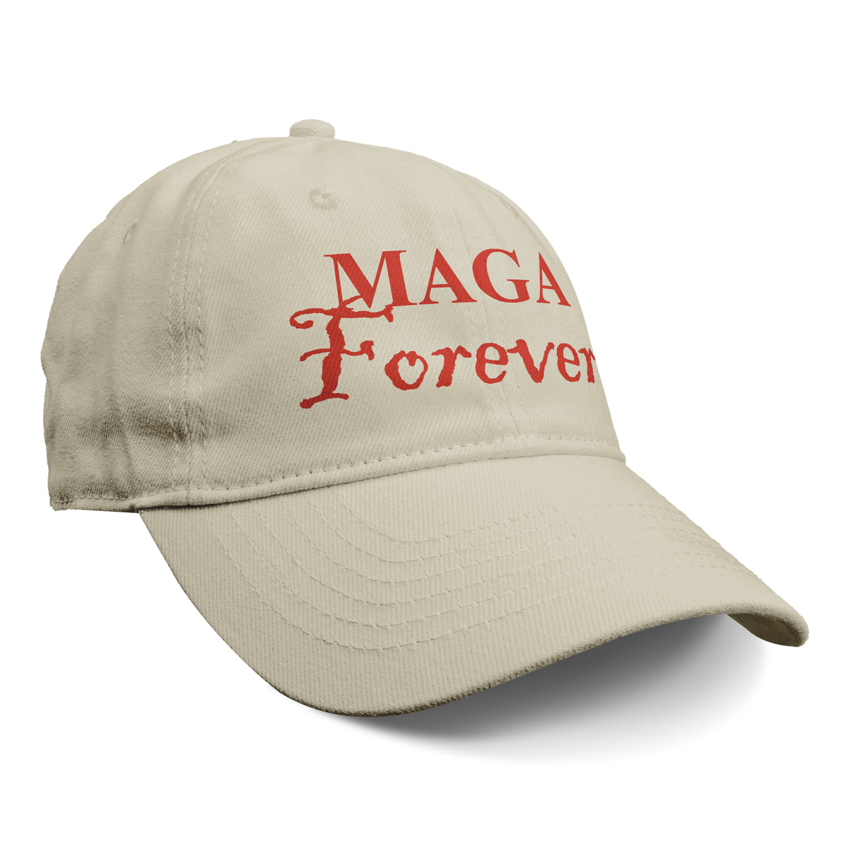 MAGA Forever Red Letters Graphic cap in beige showcasing patriotic message.