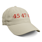 45 47 48 Trump Cap Red Word Art featuring bold red numbers on a beige cap.