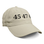 45 47 48 Trump Edition Headwear beige cap with embroidered numbers 45 47 48.