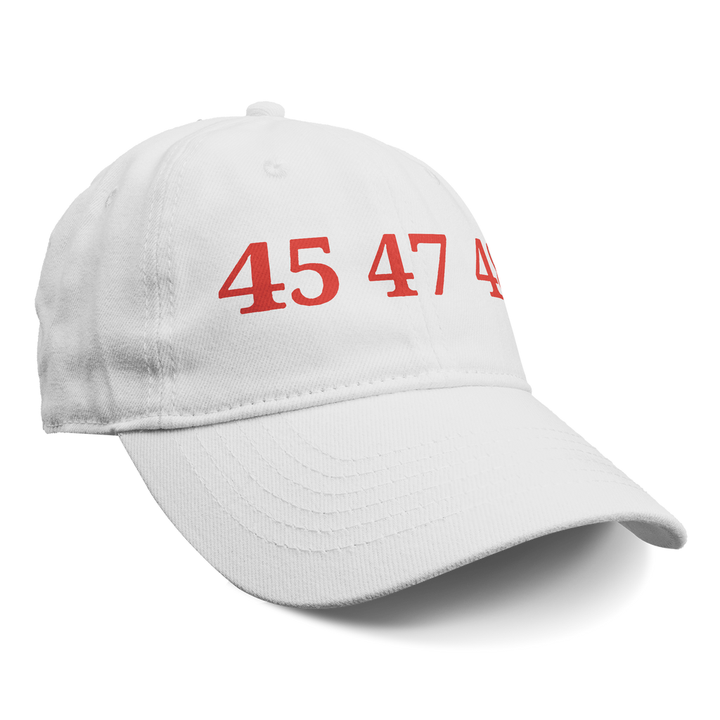 45 47 48 Trump Cap Red Word Art featuring bold red numbers on a classic white baseball cap.