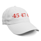 45 47 48 Trump Cap Red Word Art featuring bold red numbers on a classic white baseball cap.