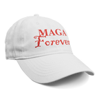 MAGA Forever Red Letters Graphic featured on a white cap, representing personal values and patriotism.