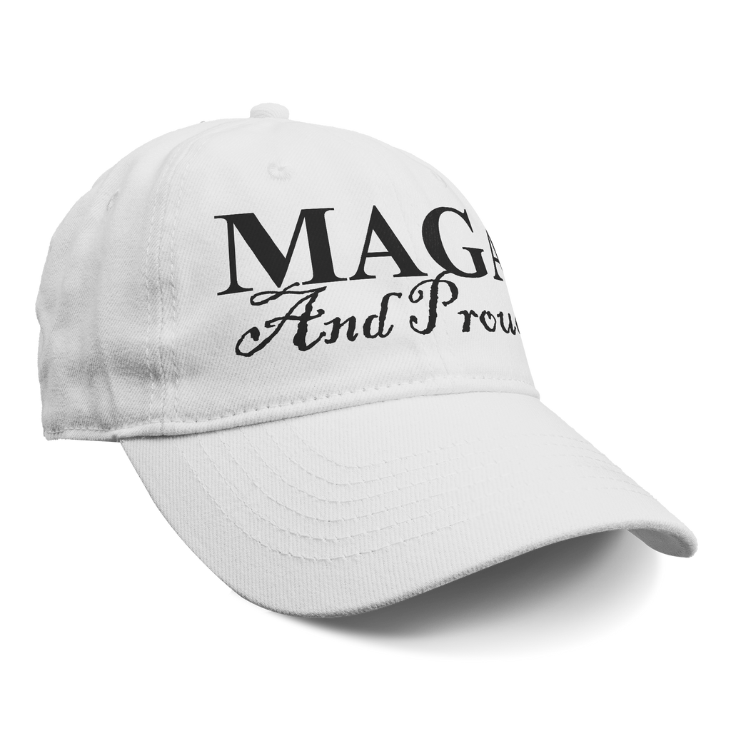 MAGA And Proud Black Script Tee white cap showcasing bold script design, perfect for expressing personal values.