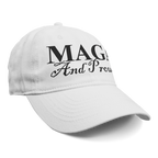 MAGA And Proud Black Script Tee white cap showcasing bold script design, perfect for expressing personal values.