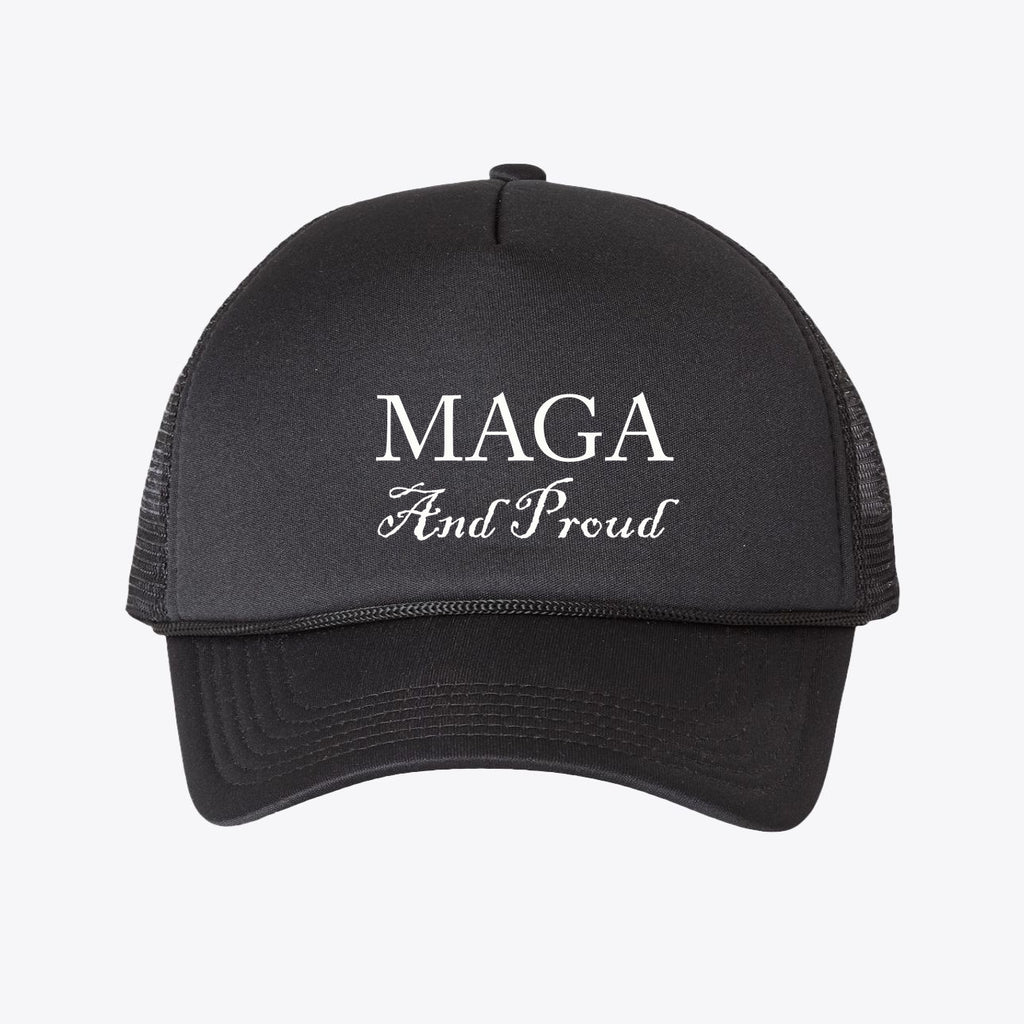 MAGA and Proud Foam Mesh-Back Trucker Cap featuring a bold front design for patriotic expression.