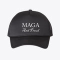 MAGA and Proud Foam Mesh-Back Trucker Cap featuring a bold front design for patriotic expression.