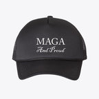 MAGA and Proud Foam Mesh-Back Trucker Cap featuring a bold front design for patriotic expression.