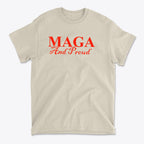MAGA And Proud Red Letters Style graphic tee showcasing bold red lettering on a neutral background.