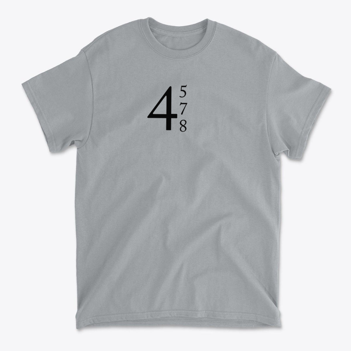 45 47 48 Red Letters Design Gear graphic tee in light gray, featuring bold black numbers 4, 5, 7, 8.