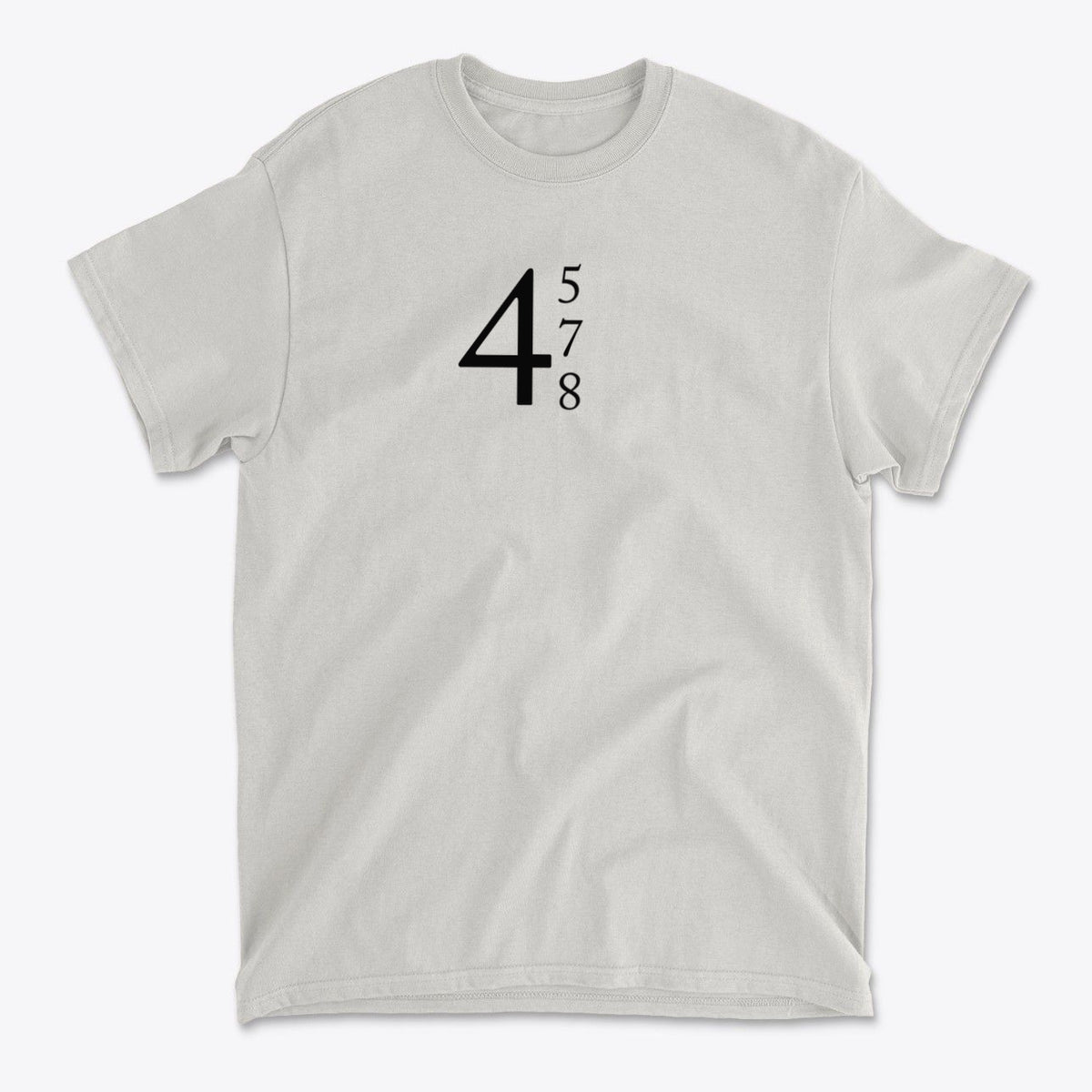 45 47 48 Red Letters Design Gear graphic tee showcasing minimalist design with numbers 4, 5, 7, 8.